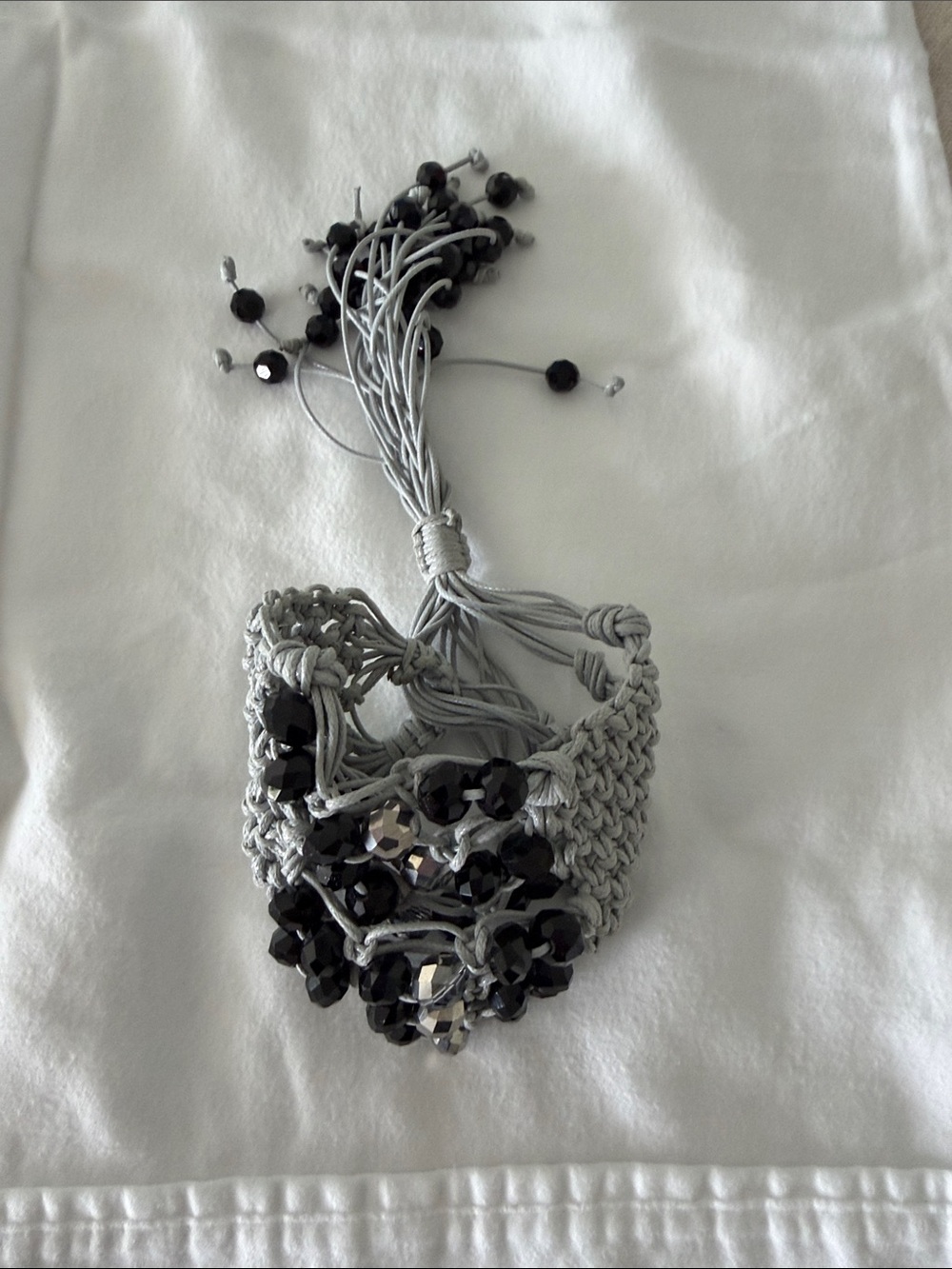 Handmade Gray Macrame Bracelet with Black Beads